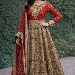 Elegant Red and Gold Embroidered Dress
